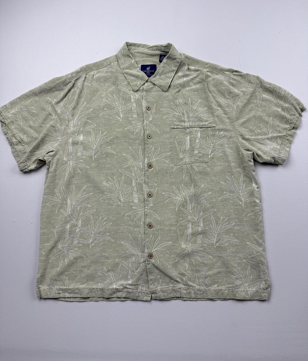 Caribbean Joe Shirt Mens XL Green Floral Short Sleeve Silk Button Up Tropical